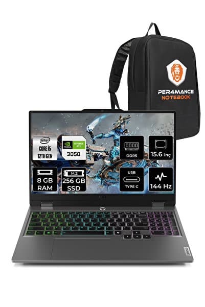 LENOVO LOQ i5 12600HX 8GB 256GB SSD RTX3050/6GB 15.6" FHD 144Hz FDOS Gaming Laptop & PER4 Çanta - Görsel 1