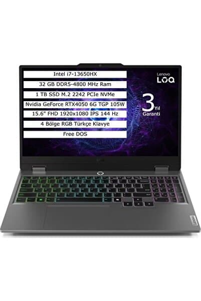 LENOVO Loq 15IRX9 Intel Core I7 13650HX 32GB 1TB SSD 6GB RTX4050 Fdos 15.6" Fhd Notebook 83DV00WRTR - Görsel 1