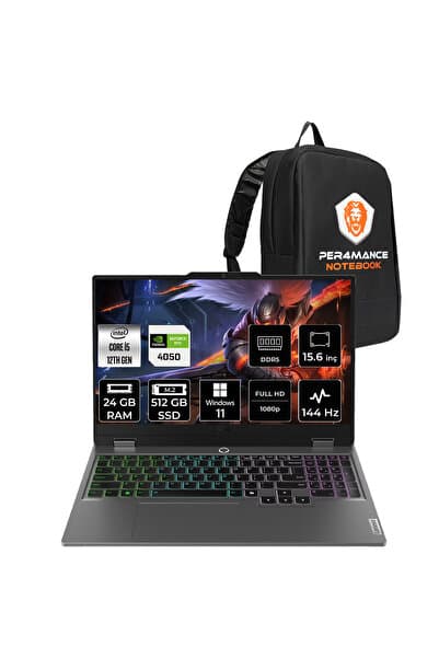 LENOVO LOQ i5 12600HX 24GB 512GB SSD RTX4050/6GB 105W 144Hz 15.6" W11H Gaming Laptop & PER4 ÇANTA - Görsel 1