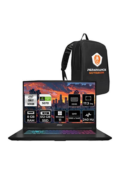 MSI Katana 17 HX i7-14650HX 8GB 512GB SSD RTX5070/8GB 17.3'' 2K QHD 240Hz W11H Gaming Laptop B14WGK - Görsel 1
