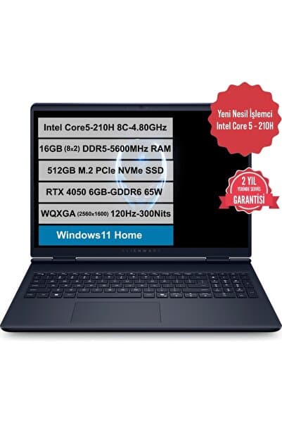 Dell Alienware 16 Aurora Intel Core i5-210H RTX4050-65W 16GB DDR5 512GB SSD 16" Windows11H AC16250 - Görsel 1
