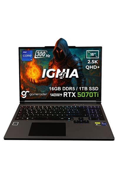 GameRaider IGNIA GR16 i9-14900HX 16GB DDR5 1TB SSD RTX 5070Ti 12GB 140W 16 inç QHD+ 300Hz FDos Gaming Laptop - Görsel 1
