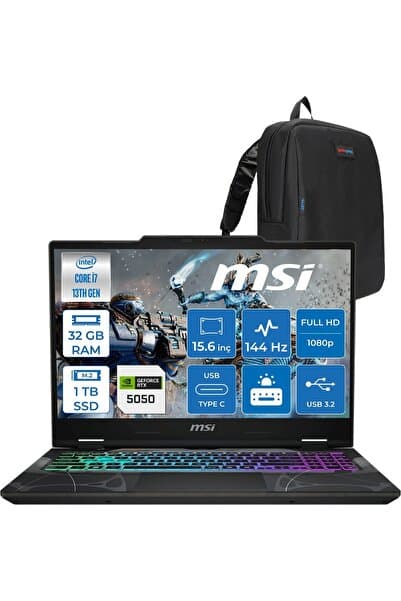 MSI Cyborg 15 I7 13620H 32GB Ddr5 1tb SSD RTX5050 8gb FDOS 15.6" 144HZ IPS B13WEKG613XTRF13+Zetta Çanta - Görsel 1