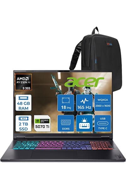 ACER Nitro 18 Ryzen 9 365 48GB 2tbSSD 12GB/RTX5070TI 18" Qhd 165Hz W11HOME NHQYFEY001H19+Zettaçanta - Görsel 1