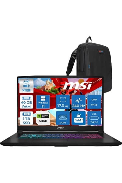 MSI Katna17 Hx I7 14650HX 40GB 1tb SSD W11HOME RTX5060 8gb 17 Inç 2k QHD B14WFK216XTRH18+Zetta Çanta - Görsel 1