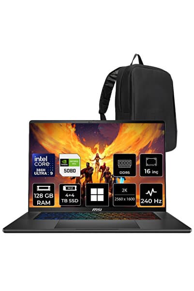 MSI Stealth 16 AI+ Intel Core Ultra 9-386H RTX 5080 16GB 125W 128GB RAM 4TB + 4TB SSD 16" QHD+ 240Hz OLED Win11 Pro B3WI003TRP480 Gaming Laptop + PER4 Çanta - Görsel 1