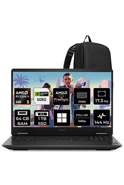 HP Omen 17 AMD Ryzen AI 5 340 RTX 5060 8GB 64GB RAM 1TB SSD 17.3" FHD 144Hz Win11 Home C2EZ7EAP339 Gaming Laptop + PER4 Çanta - Görsel 1