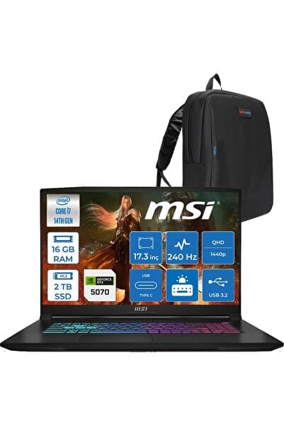 MSI Katana 17 Hx B14WGK Intel Core I7-14650HX 16GB Ddr5 2tb SSD RTX5070/8GB 115W 17.3 Inç 2k Qhd 240Hz Freedos Gaming Bilgisayar 046XTRF04+ZETTAÇANTA - Görsel 1