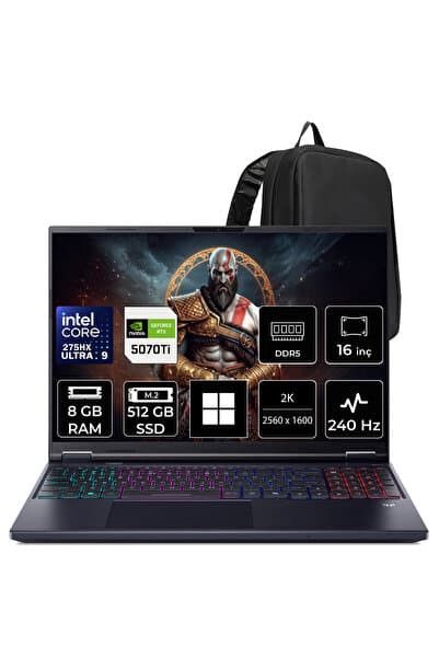 ACER Predator Helios Neo 16 AI Ultra 9 275HX RTX 5070Ti 12GB 140W 8GB RAM 512GB SSD 16" WQXGA 240Hz Win11 Home NHQX4EY003P302 Gaming Laptop + PER4 Çanta - Görsel 1