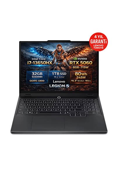 LENOVO Legion 5 15IRX10 Intel Core i7-13650HX 32GB 1TB SSD RTX 5060 8GB 15.3" WUXGA IPS Freedos 83LY00PYTR - Görsel 1