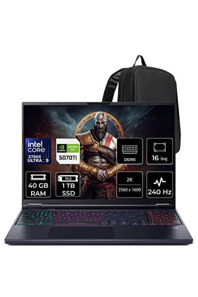ACER Predator Helios Neo 16 AI Ultra 9 275HX RTX 5070Ti 12GB 140W 40GB RAM 1TB SSD 16" WQXGA 240Hz FreeDOS NHQX4EY003P327 Gaming Laptop + PER4 Çanta - Görsel 1