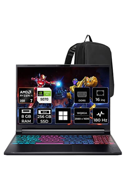 ACER Nitro V 16S AMD Ryzen 7 350 RTX 5070 8GB 85W 8GB RAM 256GB SSD 16" WQXGA 180Hz Win11 Home NHQXNEY003P301 Gaming Laptop + PER4 Çanta - Görsel 1
