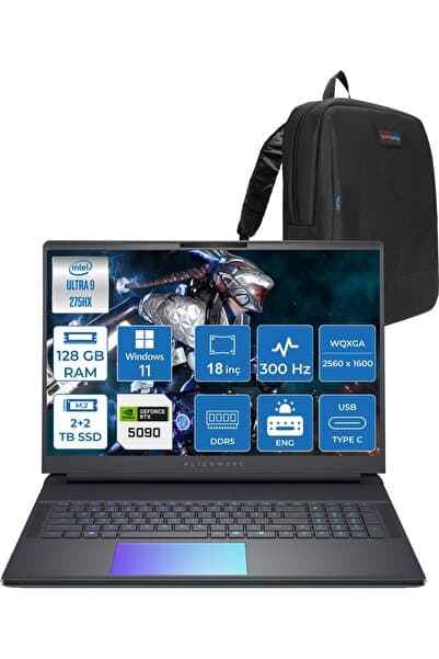 Dell Alienware 18 Area-51 AA18250 Ultra 9 275HX Ddr5 128GB 2tb Ssd+2tb 24GB/RTX5090 175W 18INÇ Wqxga 300Hz 500NITS WINDOWS11HOME Gaming Laptop AA1825090H54ZETTAÇANTA - Görsel 1