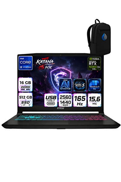 MSI Katana 15 Hx Intel Core I9 14900HX 16 GB DDR5 512 GB SSD Windows 11 Pro RTX5060 8GB 115W 15.6'' - Görsel 1