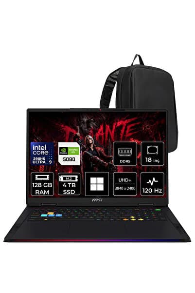 MSI Raider 18 MAX HX Ultra 9 290HX Plus RTX 5080 16GB 175W 128GB RAM 4TB SSD 18″ UHD+ (3840×2400) MiniLED 120Hz Win11 Home A2WI1040TRP419 Gaming Laptop + PER4 Çanta - Görsel 1