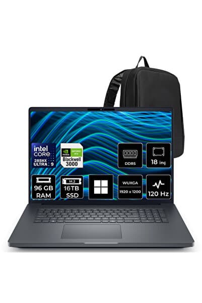Dell Pro Max 18 Plus Core Ultra 9 285HX RTX Pro 3000 Blackwell 12GB 96GB RAM 16TB SSD 18" QHD+ 120Hz Win11 Home MB18250P452 İş İstasyonu + PER4 Çanta - Görsel 1