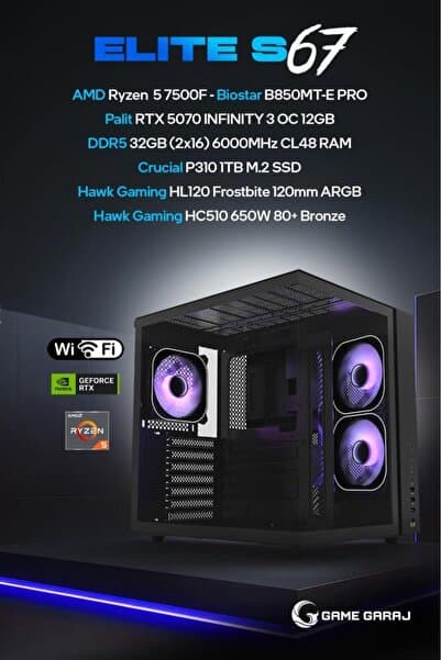 ELITE S67 AMD R5 7500F 32GB RAM 1TB SSD RTX5070 120MM SIVI SOĞT FREEDOS OYUNCU OEM PAKET fiyatı - EnUcuzSistem