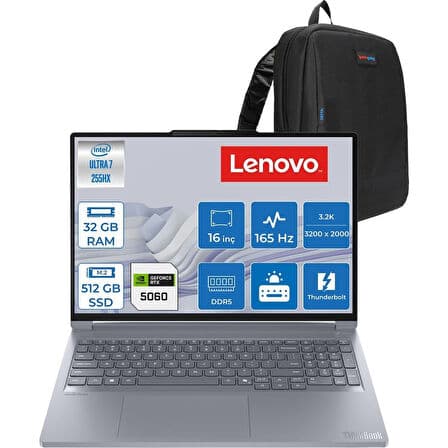 Lenovo Thinkbook 16P G6 Intel Ultra 7 255HX 32GB 512GB SSD 8GB/RTX5060/115W 16" 3.2k (3200X2000) IPS 165hz 500NITS X-Rite WIN11PRO Kurumsal Iş Bilgisayarı 21R0001GTXP09 + Zettaçanta - Görsel 1