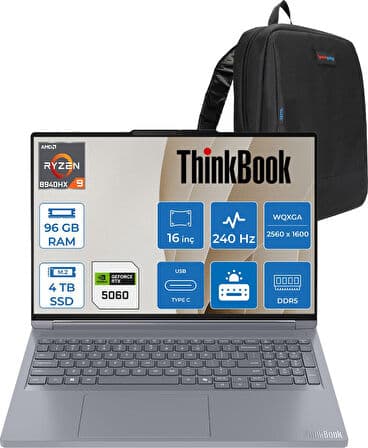 Lenovo Thinkbook 16P G6 Adr Ryzen 9 8940HX 96GB Ddr5 4tb SSD 8GB/RTX5060/115W 16" Wqxga IPS 500NITS 240Hz Freedos Taşınabilir Bilgisayar 21U00013TXF24 + Zettaçanta - Görsel 1