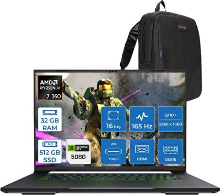Gigabyte Gıgabyte Aero X16 Amd Ryzen Aı 7 350 32GB Ddr5 512GB SSD 8GB/RTX5060 16" IPS Wqxga 165Hz Windows 11 Home Taşınabilir Bilgisayar 1VH93TRC94DHH09 + Zettaçanta - Görsel 1