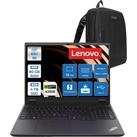 Lenovo Thinkpad P16V Gen 2 Intel Core Ultra 7 165H 80GB 4tb SSD 8GB/RTX2000/GDDR6 16" Wuxga IPS 400NITS Freedos Taşınabilir Iş Istasyonu 21KX001MTXF24 + Zettaçanta - Görsel 1