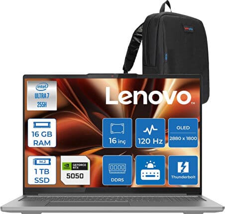 Lenovo Ideapad Pro 5 Intel Core Ultra 7 255H 16GB 512GB+512GB SSD 8GB/RTX5050 16" 2.8k (2880X1800) OLED 1100NITS 120Hz Windows 11 Pro Taşınabilir Bilgisayar 16IAH10505P33 + Zettaçanta - Görsel 1