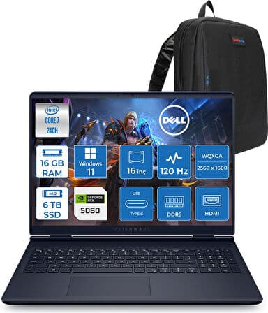 Dell Alienware 16 Aurora AC16250 Intel Core 7 240H 16GB Ddr5 6tb SSD Windows 11 Pro 8gb RTX5060 16 Inç 2K(2560×1600) Wqxga 120Hz Wva Gaming Laptop AC16250C71615U56NP06 + Zetta Çanta - Görsel 1
