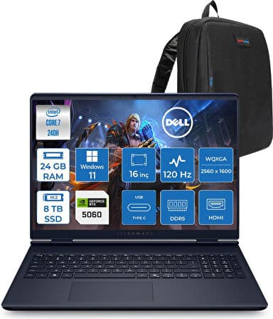 Dell Alienware 16 Aurora AC16250 Intel Core 7 240H 24GB Ddr5 8tb SSD Windows 11 Pro 8gb RTX5060 16 Inç 2K(2560×1600) Wqxga 120Hz Wva Gaming Laptop AC16250C71615U56NP14 + Zetta Çanta - Görsel 1