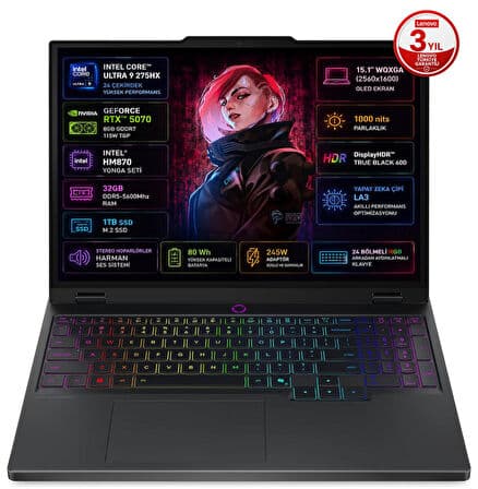 Lenovo Legion 5 15IAX10 Intel Core Ultra 9-275HX 32GB DDR5 1TB SSD RTX5070 8GB 115W 15.1 inç 2K WQXGA 165Hz FreeDos Gaming Laptop (83F00024TR) - Görsel 1