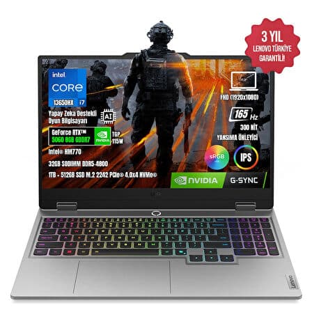 Lenovo LOQ 17IRX10 83JH006ETR-10 i7-13650HX 32GB DDR5 1TB+512GB SSD RTX5060 8GB 17.3" IPS 165Hz FreeDos Taşınabilir Bilgisayar - Görsel 1