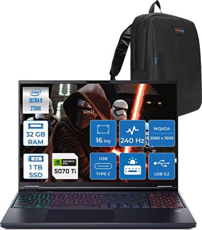 Acer Predator Helıos Neo 16 Aı Core™ Ultra 9 275HX 32GB Ddr5 1tb SSD 12GB/RTX5070Tİ/170W Gddr7 16inç Qhd+ 2560 x 1600 240Hz IPS Freedos Gaming BILG.NHQX2EY002F08+ZETTAÇANTA - Görsel 1