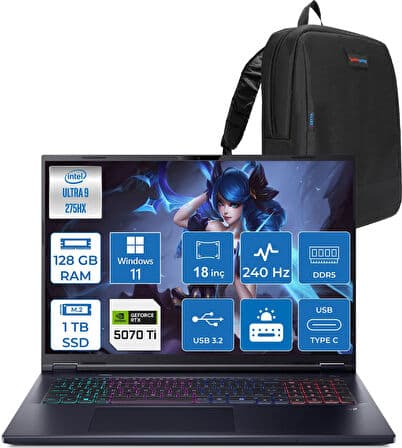 Acer Predator Helios Neo 18 Aı Intel®core™ Ultra 9 275HX 128GB Ddr5 1tb SSD 12GB/RTX5070Tİ 140W 18" 2560 x 1600 Wqxga 240HZ WIN11HOME Gaming Bilgisayar. NHQVMEY002H33+ZETTAÇANTA - Görsel 1