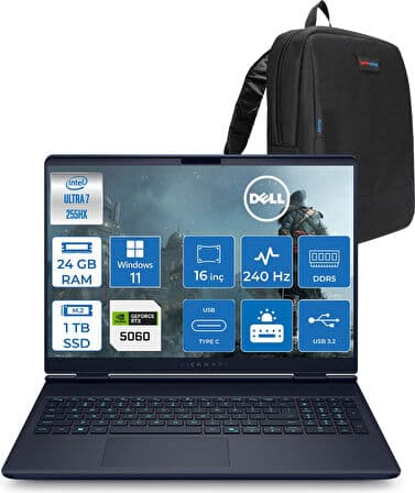 Dell Alienware 16X Aurora Core Ultra 7 255HX Aı 24GB 1tb SSD 8GB/RTX5060 Gddr7 115W 16" Wqxga 240Hz 500 Nits Windows 11 Home Taşınabilir Bilgisayar ZAC16251H03+ZETTAÇANTA - Görsel 1