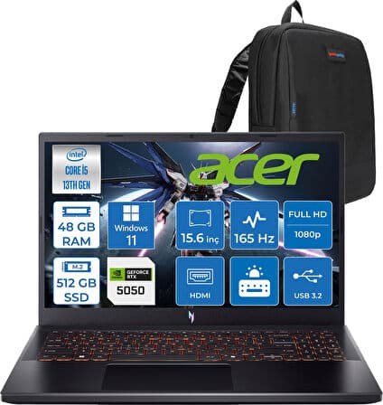 Acer Nitro V 15 ANV15 Intel®core™ I5 13420H 48GB 512GB SSD RTX5050/8GB 75W 15.6 Inç 165Hz Fhd 1920X1080 IPS WIN11HOME Gaming Bilgisayar NHQZ7EY003H17+ZETTAÇANTA - Görsel 1