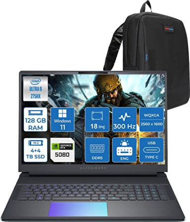 Dell Alienware 18 Area-51 AA18250 Ultra 9 275HX Ddr5 128GB 4tb SSD +4tb SSD 16GB/RTX5080 175W 18INÇ Wqxga 300Hz 500NITS WINDOWS11HOME Gaming Laptop AA1825080H56+ZETTAÇANTA - Görsel 1