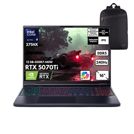 Acer Predator Helios Neo 16 AI Ultra 9-275HX 64-GBDDR5 2 TBSSD RTX5070Ti (12 GB-GDDR7-140W) 16" WQXGA Windows 11 Home + HMF Sırt Çantası NH.QX4EY.003HMF18 - Görsel 1