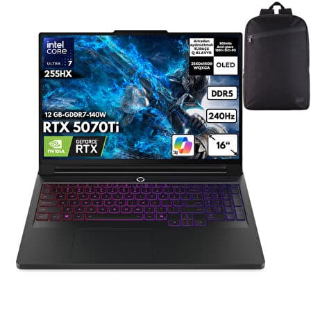 Lenovo Legion Pro 7 16IAX10H Ultra 7-255HX 64-GBDDR5 4 TBSSD RTX5070Ti (12 GB-GDDR7-140W) 16" WQXGA OLED 240Hz Windows 11 Home + HMF Sırt Çantası 83F500J8TRHMF6 - Görsel 1