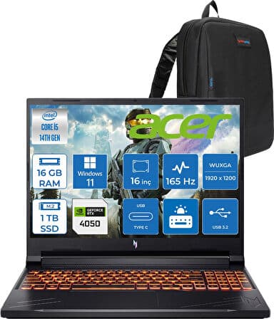 Acer Nitro ANV16 Intel Core I5 14450HX 4.8ghz 16GB Ddr5 1tb SSD Windows 11 Pro RTX4050 85W 6gb 16" IPS Wuxga (1920 x 1200) 165HZ Taşınabilir Bilgisayar NHQTREY001P03 + Zetta Çanta - Görsel 1