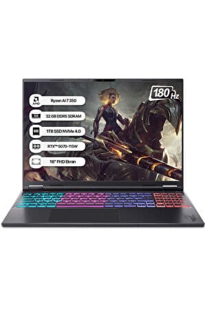 Acer Nitro 16S AI NH.QXKEY.002 R7 AI 350 32GB 1TB SSD RTX5070-8GB 16" WQXGA 180Hz Dos Taşınabilir Bilgisayar - Görsel 1