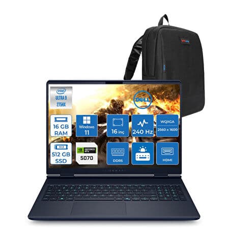 Dell Alienware 16X Aurora Intel Core Ultra 9 275HX 16GB Ddr5 512GB SSD Windows 11 Pro 8gb RTX5070 16 Inç 2K(2560×1600) Wqxga 240Hz 3ms Wva Taşınabilir Bilgisayar AC16251CU932157WP02 + Zetta Çanta - Görsel 1