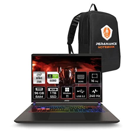 MSI Vector 16 HX AI Ultra 9 275HX 96GB 1TB SSD RTX5080/16GB 175W 16'' WQXGA W11P Gaming Laptop - Görsel 1