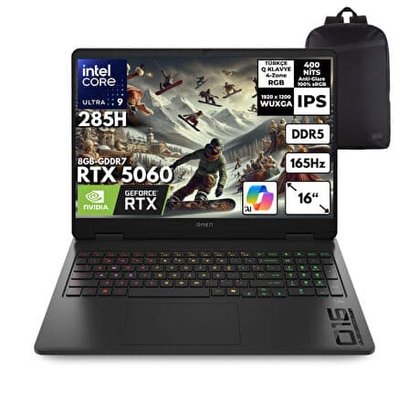 HP OMEN Ultra 9-285H 64-GBDDR5 1 TBSSD RTX5060 (8GB) 16" WUXGA 165Hz Windows 11 Pro + HMF Sırt Çantası BQ3Z2EAHMF14 - Görsel 1