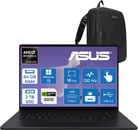 Asus Proart P16 WH7606WX Amd Ryzen Aı 9 Hx 370 64GB Ddr5 2tb SSD Windows 11 Home RTX5070 8gb Gddr7 16 Inç Dokunmatik 3k (2880 x 1800) OLED 0.2ms 120Hz 500NITS WRJ088WWH03 + Zetta Çanta - Görsel 1