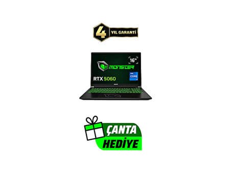MONSTER Tulpar T6 V3.3.11/ Intel Core i7 13700HX/ 12 GB Ram/ 1TB SSD/ RTX 5060/ 16" FHD+/ W11 Gaming Laptop - Görsel 1